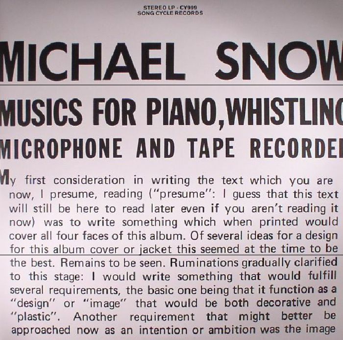 Michael Snow Music For Piano Whistling Microphone and Tape Recorder (reissue)